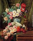 Table Canvas Paintings - Still Life Of Roses And Other Flowers On A Draped Table